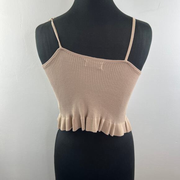 Thinkable Beige Cropped Cami Top Knit Tie Front Ribbed Strap Ruffle Hem XS? - Picture 6 of 9